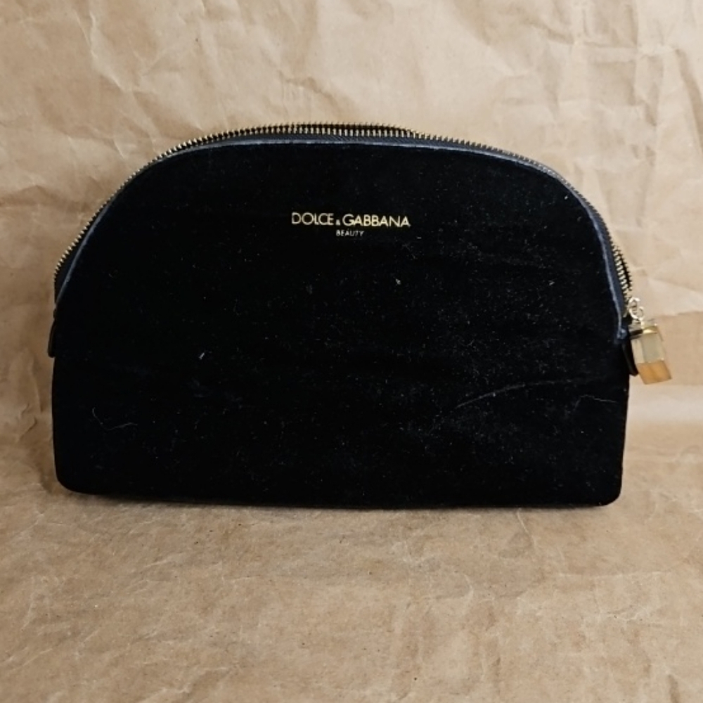 Dolce and Gabbana Cosmetics Bag Black Velvet Gold Zip Perfume Bottle Charm